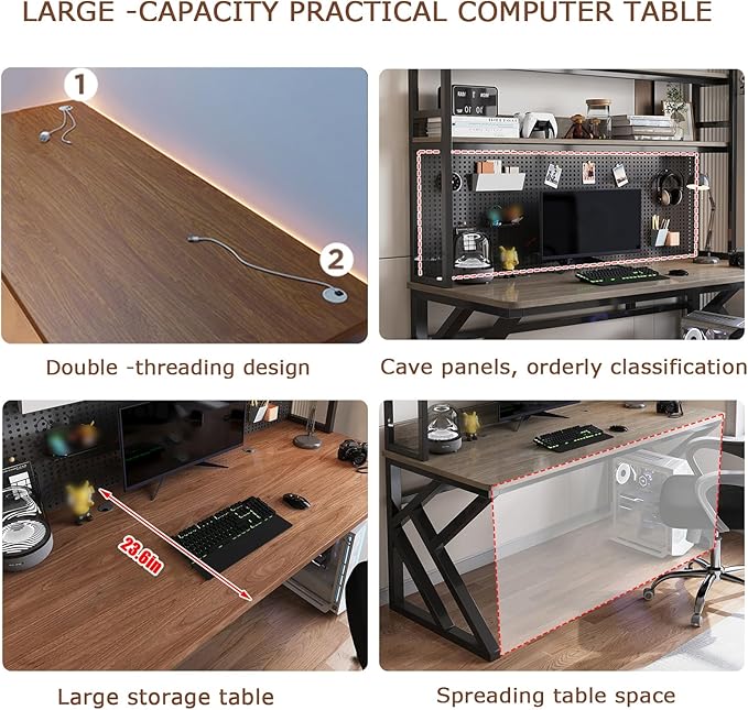 31.4in Gaming Desk with Bookshelf Combo Computer Desk with Pegboard Large Writing Table with Desktop Shelves Ample Leg Room for Home Office (Black 31.4in)
