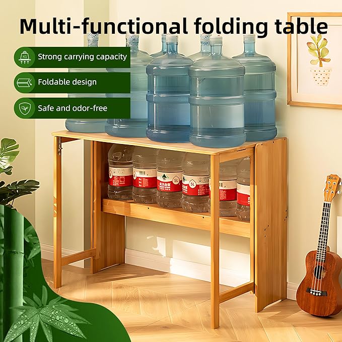 Bamboo Fold Out Desk with Storage Mid Century Hideaway Desk for Small Spaces Folding Computer Desk for Home Office Bedroom Apartment Space Saving (Light Walnut)
