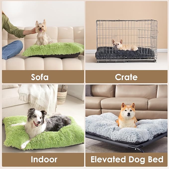 EHEYCIGA Fluffy Dog Crate Bed for Large Dogs Plush Faux Fur Crate Pad Calming Anti Anxiety Large Dog Bed Washable Soft Warm Mat with Non-Slip Bottom Green