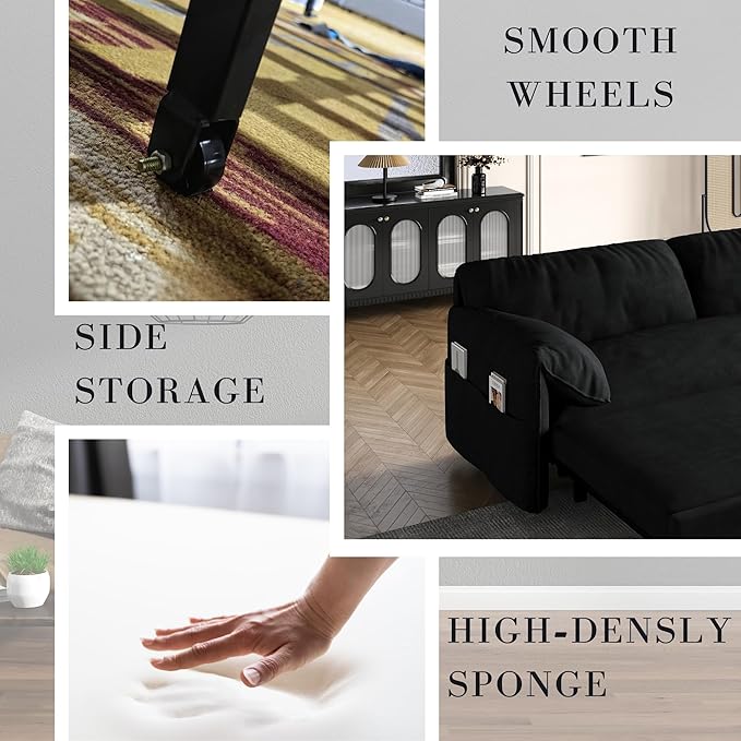 3 in 1 Convertible Queen Sleeper Sofa Bed Comfy Pull Out Futon Couch Bed 66 Modern Velvet Recliner Loveseat Sofa Multi-Functional Black Cloud Couch for Living RoomApartmentOffice (Black 66)