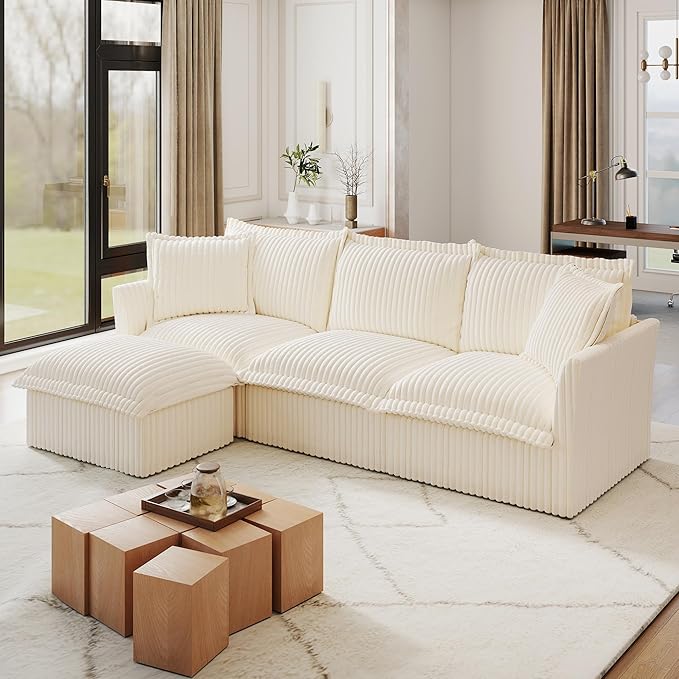 120 Slipcovered Modular Cloud Sectional Sofa Deep Seat Corduroy L Shaped Couch with Removable Covers 3-Seater Sofa with Movable Ottoman for Living Room (Cream) | Slipcovered