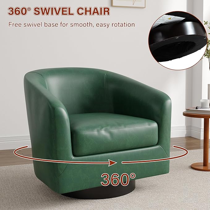 Lumibee Faux Leather Swivel Barrel Chairs Set of 2 Upholstered Comfy Round Swivel Accent Chair 360° Rotation Single Sofa Club Armchair for Living Room Reading Room Bedroom Green