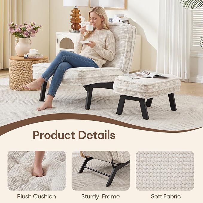 ANJ 3-Position Adjustable Accent Floor Chair with Ottoman Ergonomic Stable Lounge Chairs for Adults Thick Cushioned Comfy Reading Chair with Footrest for Living Room Bedroom White