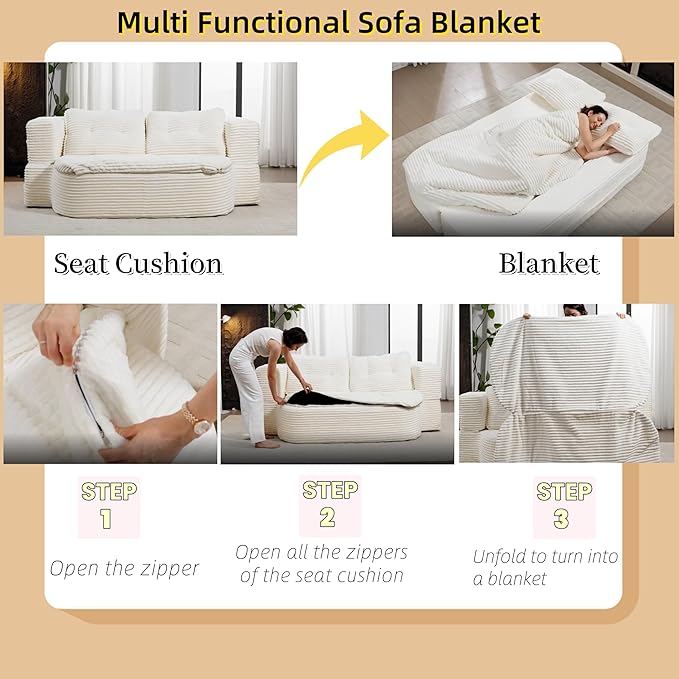 78.7 Full Size Memory Foam CouchPlush Corduroy SofaFloor Sofa Bed with Multi Functional Blanket2 in 1Convertible Folding Sofa Bed for Living Room OfficesNo Assembly Required (Beige)