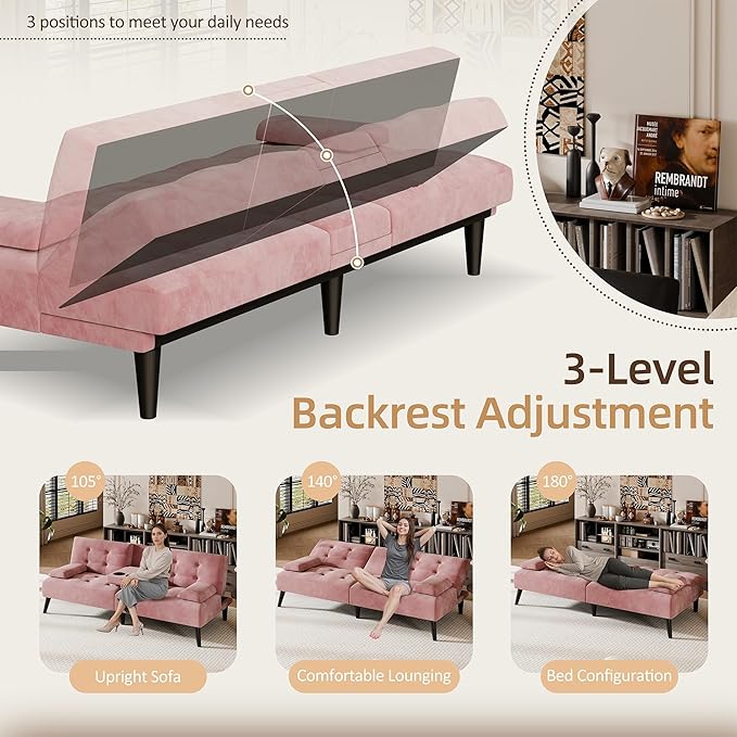 Shintenchi Futon Sofa Bed Velvet Foldable Couch Reclining Sleeper with Removable Armrests Upholstered Loveseat Sofa Couch with Folding Cup Holders for Home Office Pink