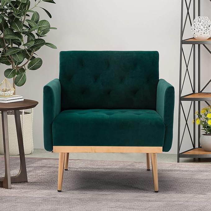 Modern Accent Chair Upholstered Single Sofa Arm Chair for Living Room and Bedroom Upholstered Comfy Armchair Chair with Solid Tapered Metal Legs (Green)