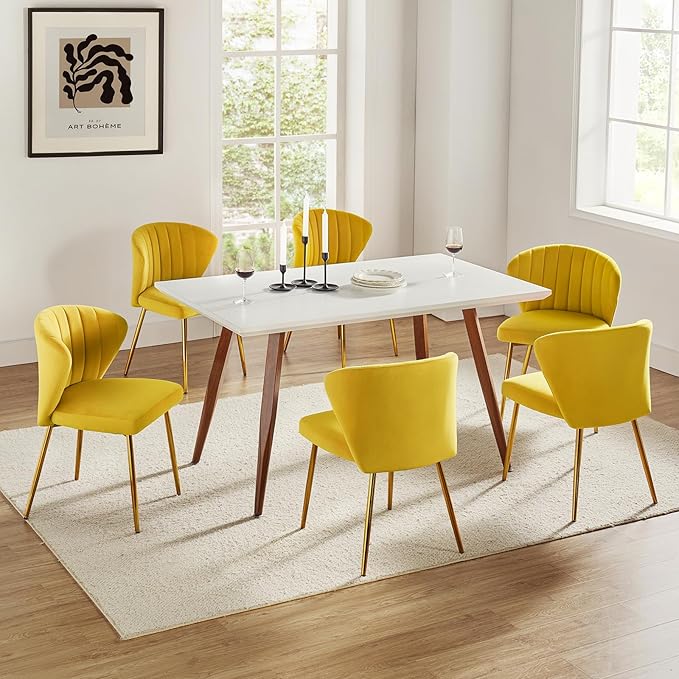 HULALA HOME Velvet Dining Chairs Modern Small Armless Accent Chair with Gold Metal Legs Living Room Upholstered Cute Side Chair Elegant Tufted Back Vanity Chair-Yellow