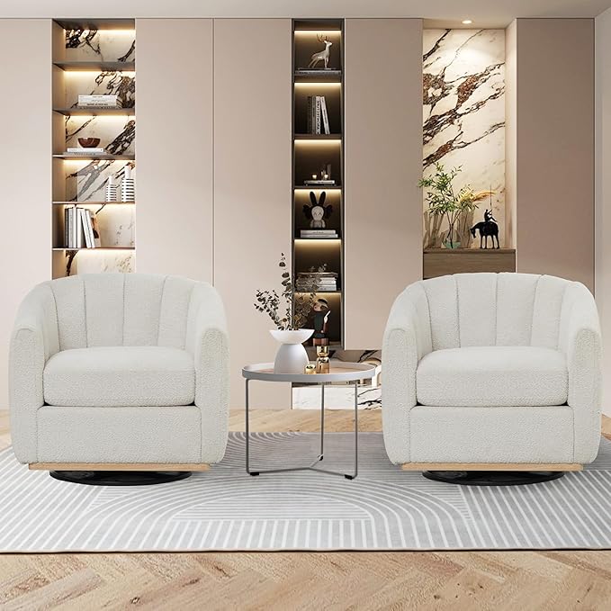 Ivory White Swivel Accent Chairs Set of 2Chenille Accent Chairs for Living RoomUpholstered Swivel Chair with Wide Curved Backrest