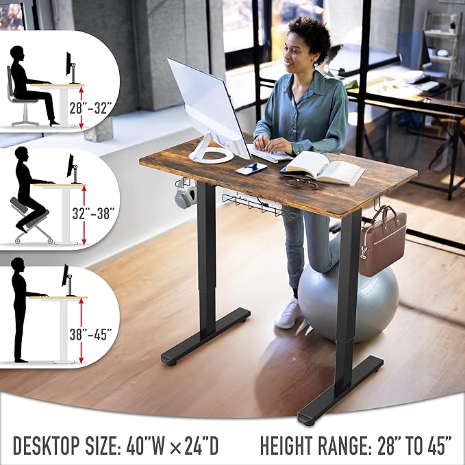 SHW 40-Inch Electric Height Adjustable Standing Desk with Drawer Memory Preset and Cable Management Tray Rustic Brown
