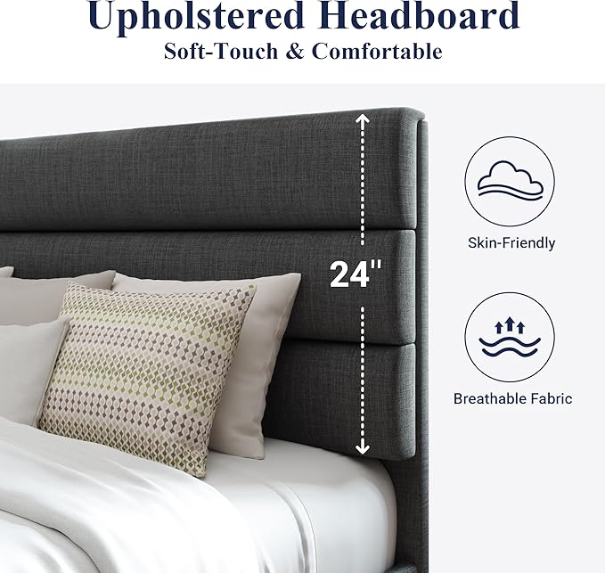 Allewie King Bed Frame Platform Bed with Fabric Upholstered Headboard and Wooden Slats Support Fully Upholstered Mattress Foundation/No Box Spring Needed/Easy Assembly Dark Grey