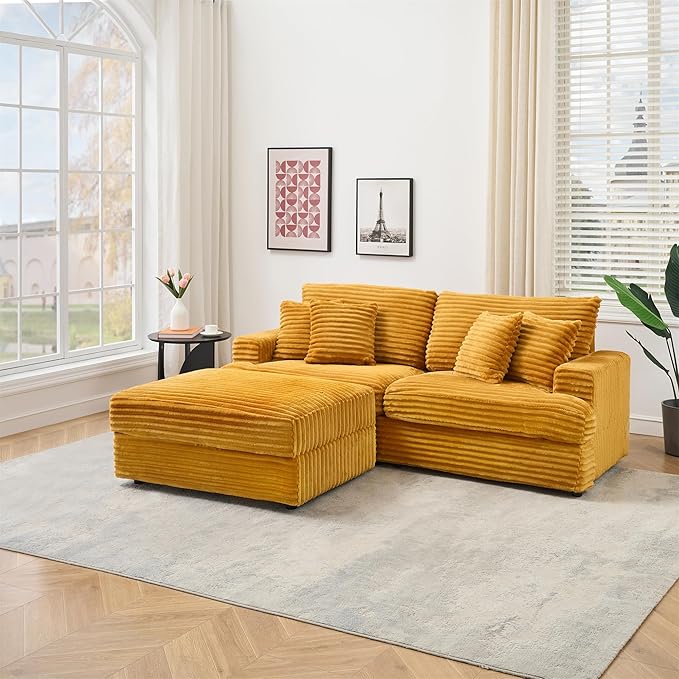 82 Inches Corduroy Square Arms Loveseat Sofa with One Storage Ottoman Comfy Deep Seat Modular Sectional Futon Couch with 4 Throw Pillows for Living Room Bedroom Office (Orange)