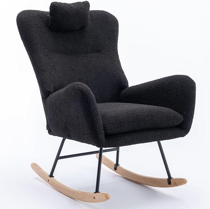 35.5 inch Rocking Chair Soft Fabric Rocking Chair for Nursery Comfy Wingback Glider Rocker with Safe Solid Wood Base for Living Room Bedroom BalconyBlack