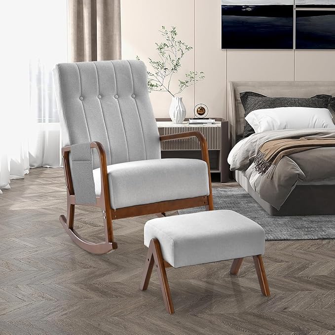 KOMFOTT Rocking Chair with Ottoman Set of 2 Upholstered Rocker Chair with Footrest Side Pocket Stable Rubber Frame &amp Tufted Backrest Mid-Century Modern Rocking Accent Chair for Living Room Gr