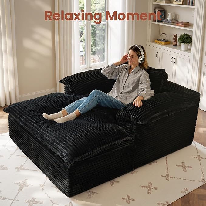 ovios 67 Boneless Lounge Chaise with Cloud Plush Sofa Bed No Assembly Required Fluffy Modern Sleeper Single Chair for Indoor Living Room Bedroom Reading (Black (Plush Corduroy Fabric)) | No Assembl