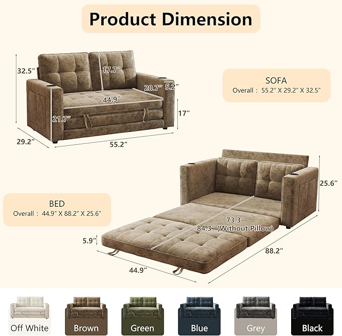 WorthFurni Convertible Sofa Bed Folding Sofa Bed 2 in1 Pull Out Loveseat Sleeper Sofa Floor Sofa Bed for Small Spaces Folding Couch Bed with Pillows for Living Room Bedroom - Brown