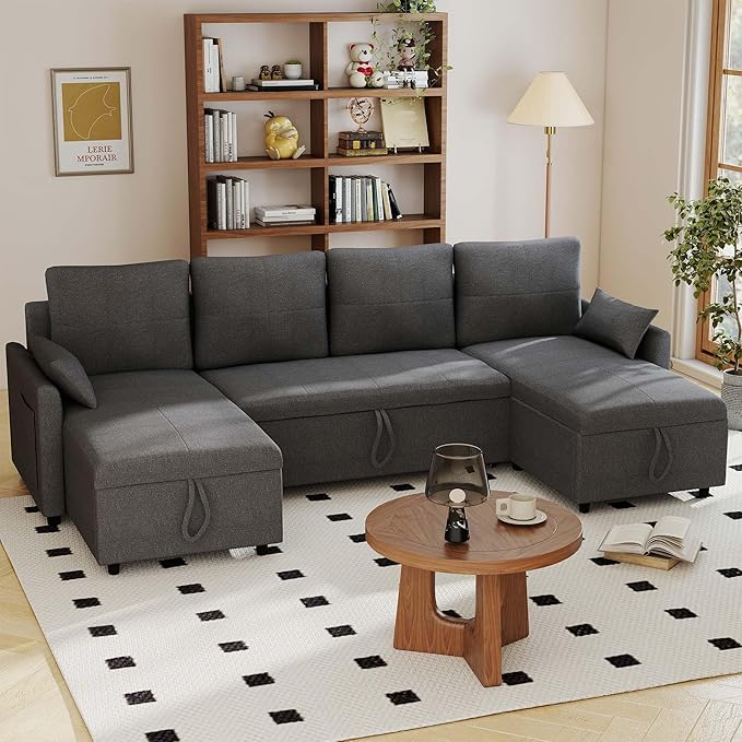 U Shaped Sleeper Sofa：Pull Out Couch with Storage for Living Room Most Comfortable Sleeper Sectional Sofa Gray Let Out Couch with Chaise Lounge Sofas Bed (106.3 U Shape Sofa Bed)