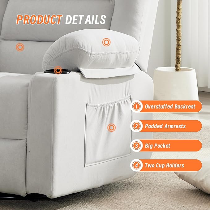 360°Swivel Rocker Recliner Chair for AdultsManual Glider Recliner Sofa with Massage and Heating Nursery Rocking Chairs with Cup Holds for Living Room Bedroom (Beige)