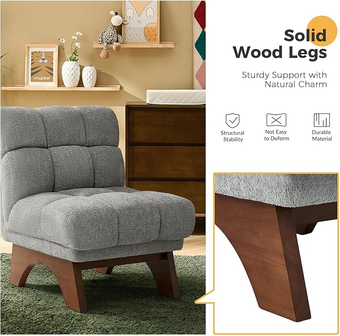 HULALA HOME Modern Chenille Fabric Armchair with Wood Legs Comfy Upholstered Reading Accent Chairs for Living Room(Grey)