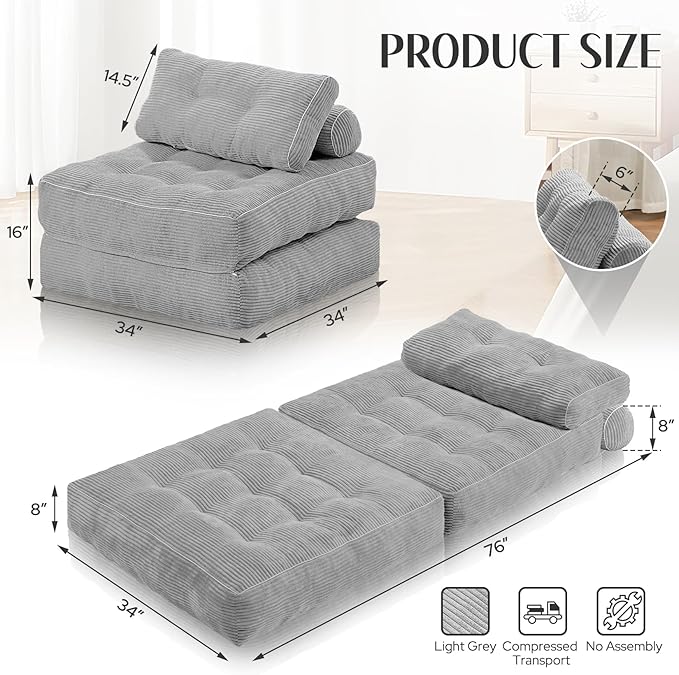 HABUTWAY Folding Sofa Bed Convertible Sleeper Chair Bed w/Dual-Pillow &amp Handle Foldable Floor Sofa Lounge w/Back Support for Living Room Bedroom Apartment Office Single Light Grey