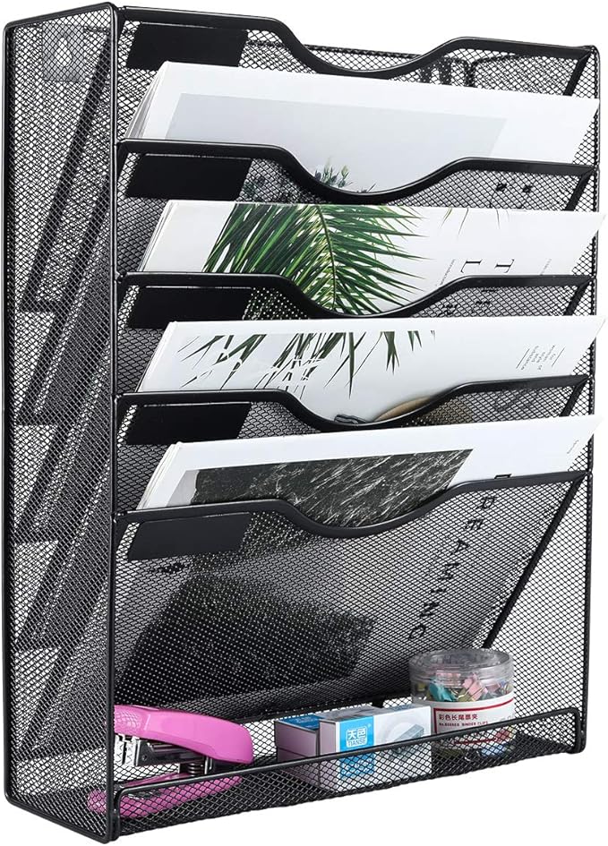 EasyPAG 5 Tier Wall File Holder Mesh Hanging Folder Organizer with Classify Label Versatile Desk File Holder Vertical Wall Mounted Mail Organizer for Office Home Cubicle Black Closed Sides