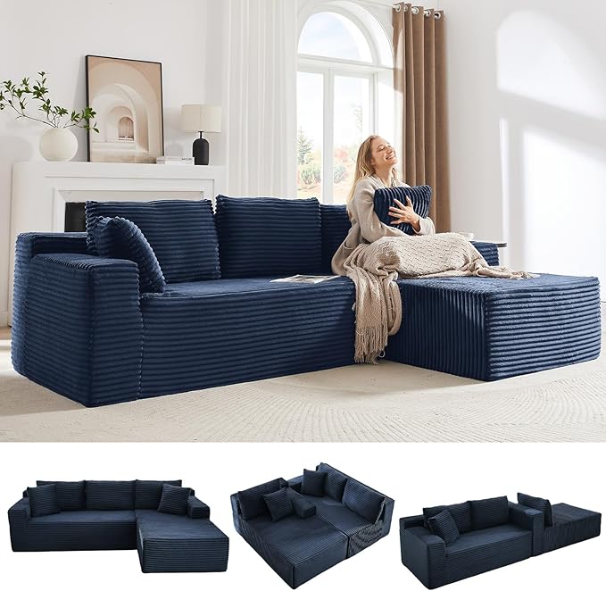 103 L-Shape Cloud Couch with Chaise Upholstered Corduroy Modular Sectional Sofa Deep Seat Couch with Free Combination for Living Room &amp ApartmentNo Assembly Required(BlueRight Facing Chaise)