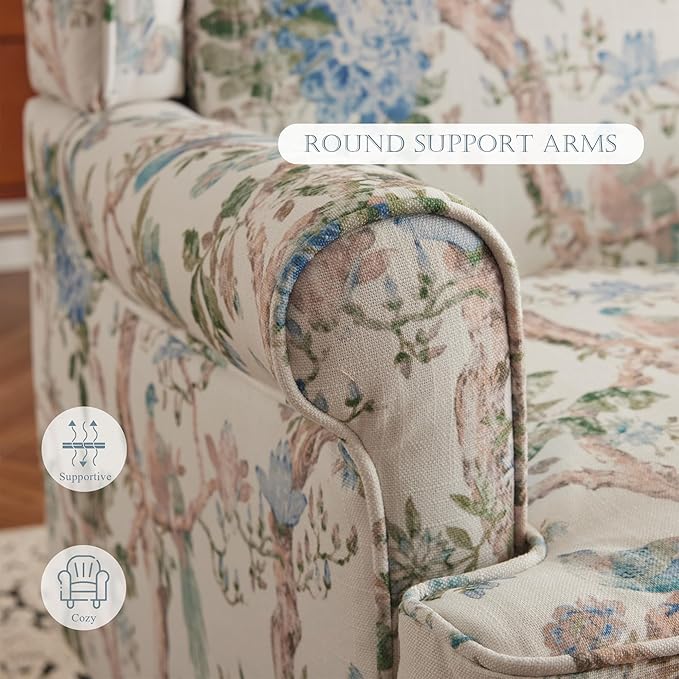 MELLCOM Floral Accent Chair High Back Upholstered Armchair with Solid Legs Leisure Single Sofa Chair for Living Room Bedroom Home Office Light Blue Floral&ampBird