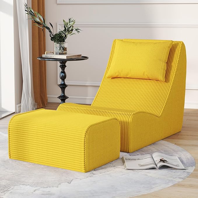 Giant Bean Bag Chair for AdultsCorduroy Chaise Lounge with Unrivaled Back Support Detachable Neck Pillow Comfortable Ottoman &amp Washable Cover for Living Room Bedroom Garden (Corn Yellow)