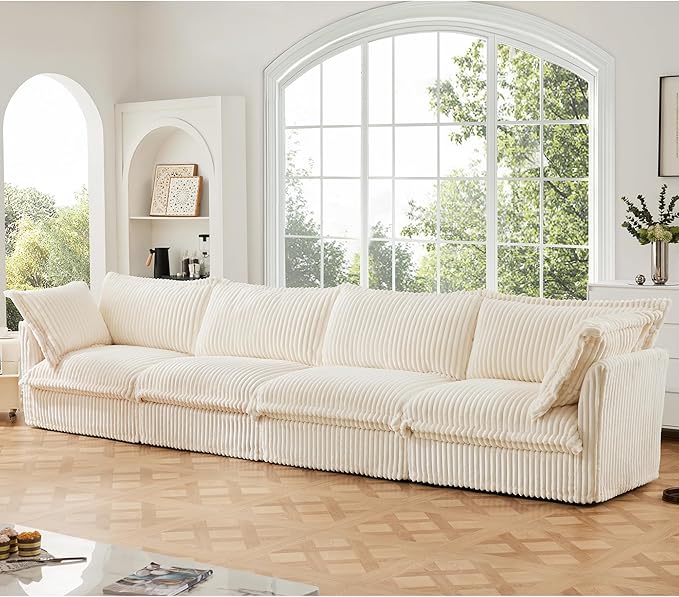 Aoowow Oversized Modular Sectional Sofa 156.6” Corduroy Comfy 4-Seat Sofa Couch Upholstered Deep Seat Couches with Big Toss Pillows for Living Room Apartment OfficeCream-Corduroy