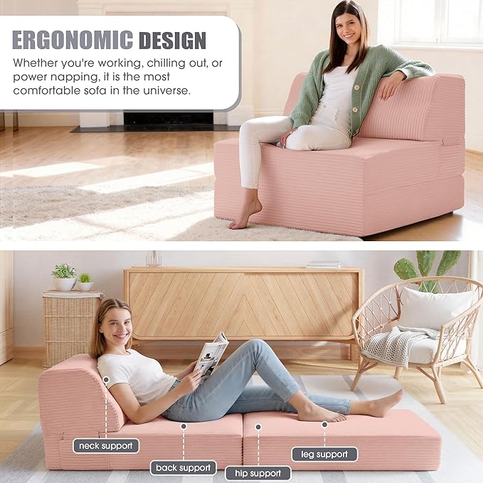 Folding Sofa Bed with Pillow Memory Foam Fold Out Chair Bed Convertible Sleeper Chair with Washable Cover Futon Floor Couch for Living Room/Dorm/Guest Use/Home Office/ApartmentPink