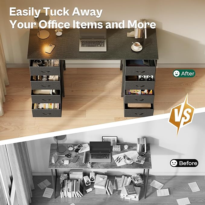 Huuger 47 Inch Computer Desk with 8 Fabric Drawers Office Desk Work Desk for Home Office Study Gaming Desk with Drawers Large Storage Black