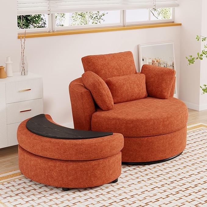 Oversized Swivel Accent Chair with Half Moon Storage Ottoman 42 W Chenille Round Swivel Barrel Chair Modern Upholstered Comfy Single Sofa Armchair for Living Room Bedroom Club(Orange)