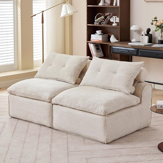 2 Seats Modular Sectional Couches with Neck Pillow &amp Backrest Chenille Armless Upholstered Loveseat Sofa Chair for Living Room Apartment At Will DIY (Beige)