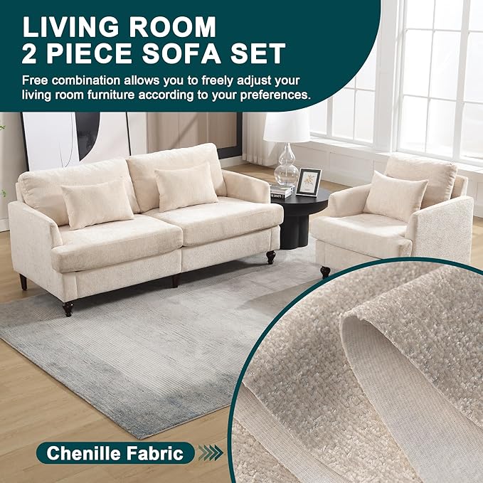 QQU Modern Upholstered Armchair Chenille Fabric Single Armchair with Cushions Living Room Lounge Chair Reading Chair with Solid Wood Frame Suitable for Bedroom Reception RoomBeige