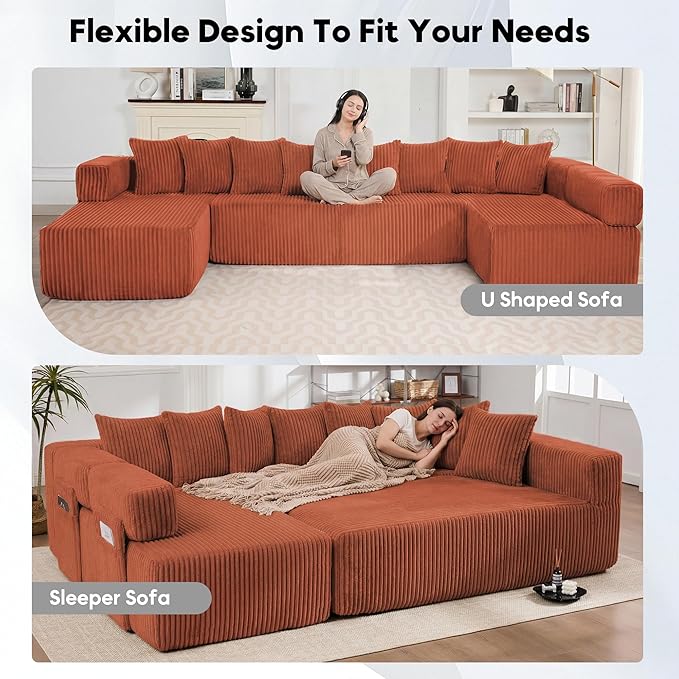 Oversized Cloud Boneless Couch with Chaise Modern Modular Corduroy Sofa with Deep Seat Various Combinations Upholstered Couches with Storage No Assembly Required-Orange