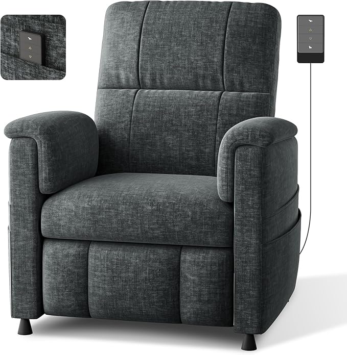 Pipishell Power Recliner Chair for AdultsElectric Recliner with Remote Adjustable Recline/Footrest Chenille FabricThick Seat Cushion Small Recliner for Living Room Home Theater Black
