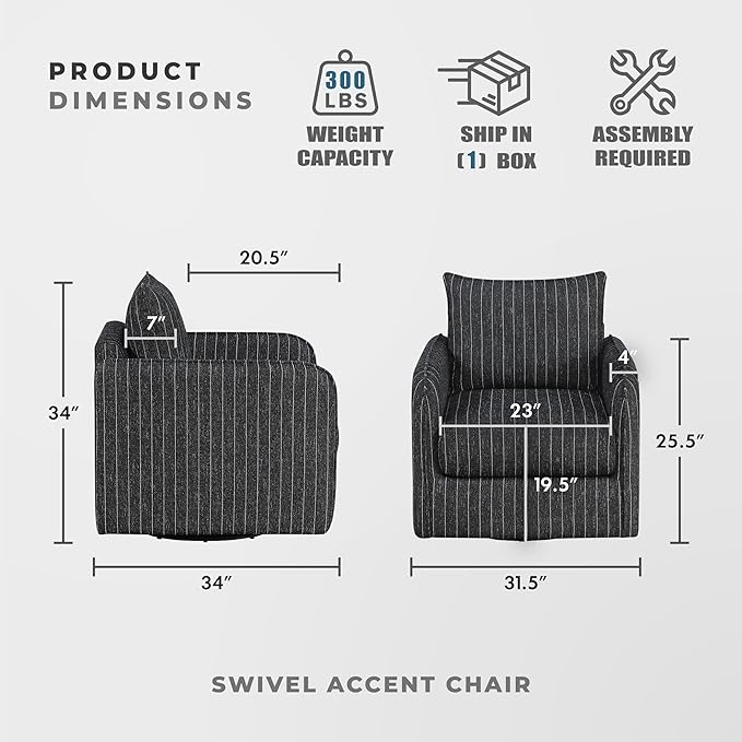 Lexicon Modern Pinstripe Swivel Accent Chair - 360 Degree Swivel Chair with Removable Back Cushion Cover Pillow Sturdy Round Metal Base for Living Room/Apartment/Nursery Black with White Stripe