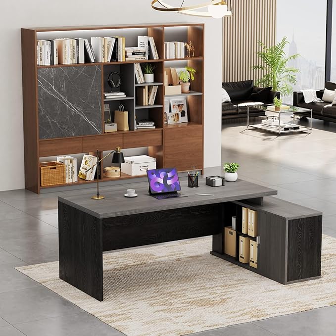 70.8 L-Shaped Executive Desk with File Drawers and Storage Cabinet Modern Large Office Desk Computer Workstation Gray Oak &amp Black Walnut (Gray Oak &amp Black Walnut 70.87IN)