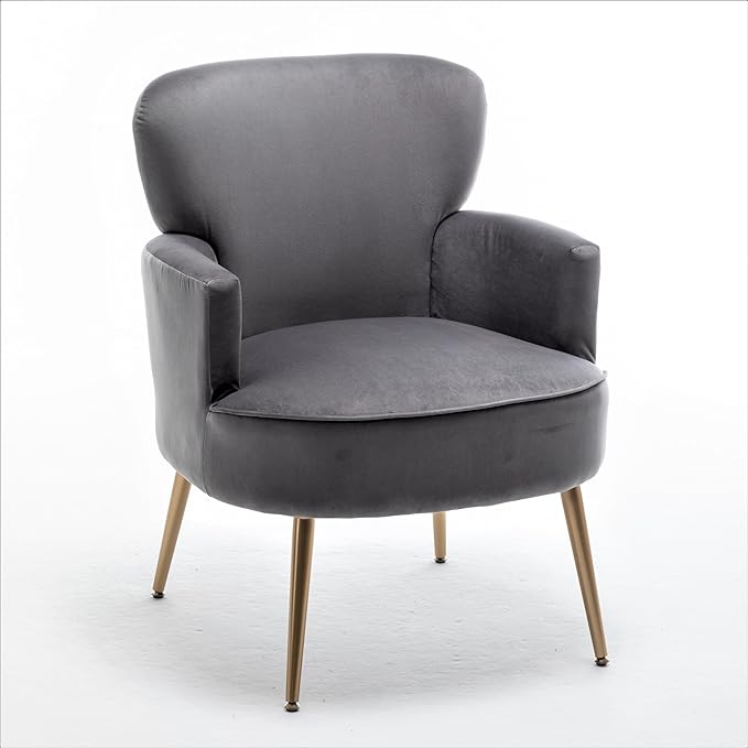 Trendy Velvet Accent Chair with Gold Metal Legs Upholstered Armchair for Small to Mid-Size Spaces Modern Living Room Bedroom Vanity Desk and Entryway Grey