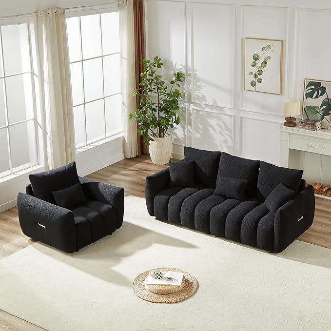 Modern Cloud Sofa Couch Set 2 Pieces Teddy Bouclé Couch and Loveseat Sets Tufted Upholstered Deep Seat Fluffy Comfy Couch Furniture Sets for Living Room Bedroom(Armchair+3 Seater Sofa Black)