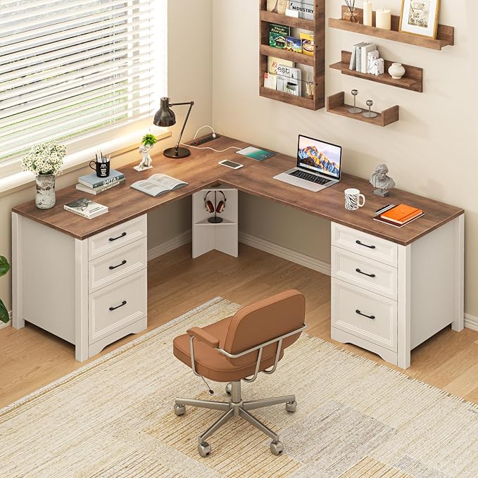 Farmhouse Home Office Desk with 6 Drawers L Shaped Executive Desk with Power Outlets and Triangle Under-Desk Storage Shelf &amp Drawer File Cabinet Corner Computer Desk Brown