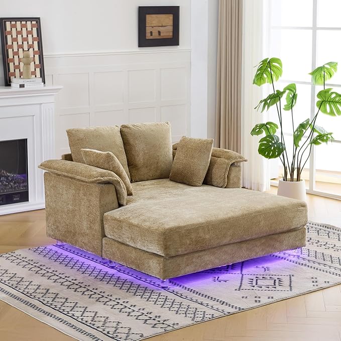 VINGLI Modern Floating Chaise Lounge Chair with LED Lights &amp Acrylic Legs Upholstered Cushion Deep Seat Lounge Sofa with Iron-Wood KD Frame Pillow Armrest Accent Chair for Living Room Apartment
