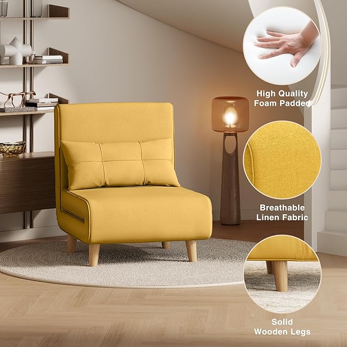 Aiho Futon Sofa Bed 3-in-1 Convertible Sleeper Chair Bed Futon Chair with 6-Level Adjustable Backrest and Pillow for Apartment Dorm Office Linen Yellow