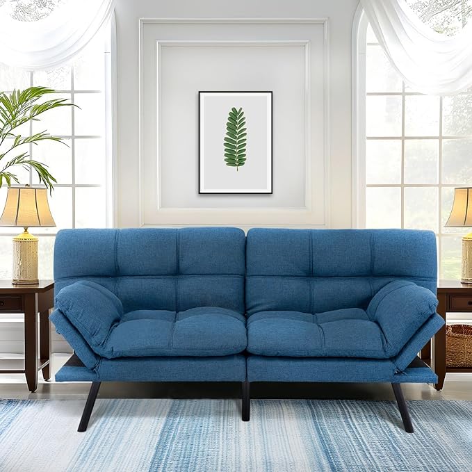 MUUEGM 71 Futon Sofa Bed Convertible Couch Bed Modern Loveseat with Adjustable Backrest&ampArmrest Sofas for Living RoomGame RoomDormitoryOffice.Blue Fabric