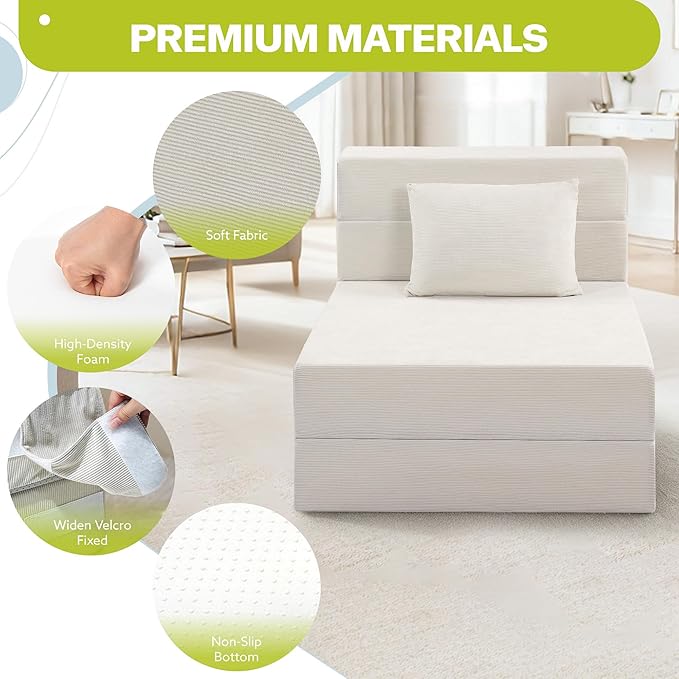 Folding Sofa Bed 4 in 1 Convertible Fold Out Single Chair Bed with Pillow Memory Foam Futon Chair Foldable Futon Couch Foldable Sofa Mattress for Living Room Bedroom Guest Room Beige