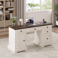 Vipbear 59 Executive Desk Farmhouse Computer Desk with Drawers Lockable File Drawer Storage Cabinet &amp Power Outlet Rustic Home Office Desks Workspace for Work Study Writing White