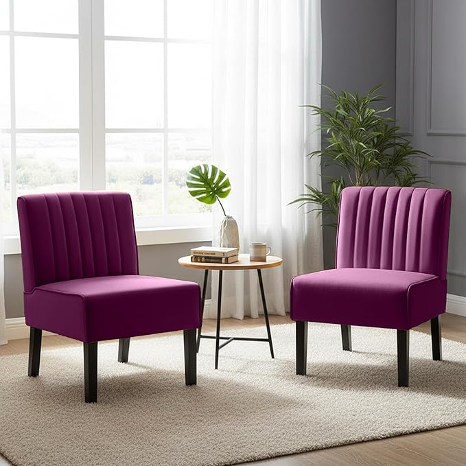 Reese Mid Century Modern Accent Chairs Set of 2 with Minimalist Design Elegant Velvet Upholstery and Solid Wood Legs Ideal for Living Room or Bedroom Eggplant