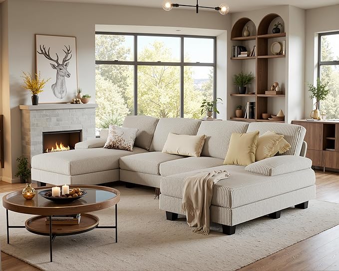 Furniwell Convertible Sectional Sofa Couch 4 Seat Sofa Set for Living Room U-Shaped Modern Fabric Modular Sofa Sleeper with Double Chaise &amp Memory Foam (Corduroy Beige)