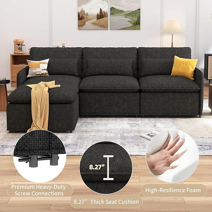L Shaped Sectional Couch 94.5 Sectional Cloud Couch for Living RoomFluffy Modular Sofa with Textured Corduroy3 Seaters with OttomanPet-Friendly Comfy Modern Deep Seat Sofa SetDark Gray