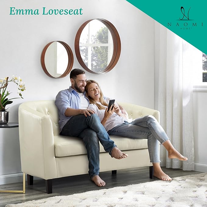 Emma Love Seat Button Tufted Faux Leather Barrel Loveseat Midcentury Modern 2 Seater Sofa Couch Small Loveseat for Small Spaces Bedrooms Couches for Living Room Easy Tool-Free Assembly - Cream