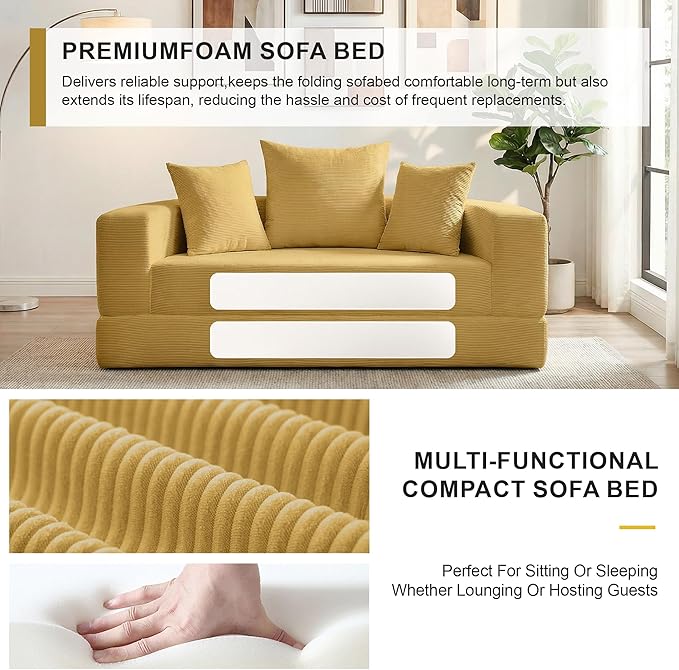 Casaphoria 67'' Sleeper Sofa for Small SpacesConvertible Foldable Couch Bed with ArmrestsSpace Saving Guest Bed for ApartmentsDormsLiving Room(Yellow)